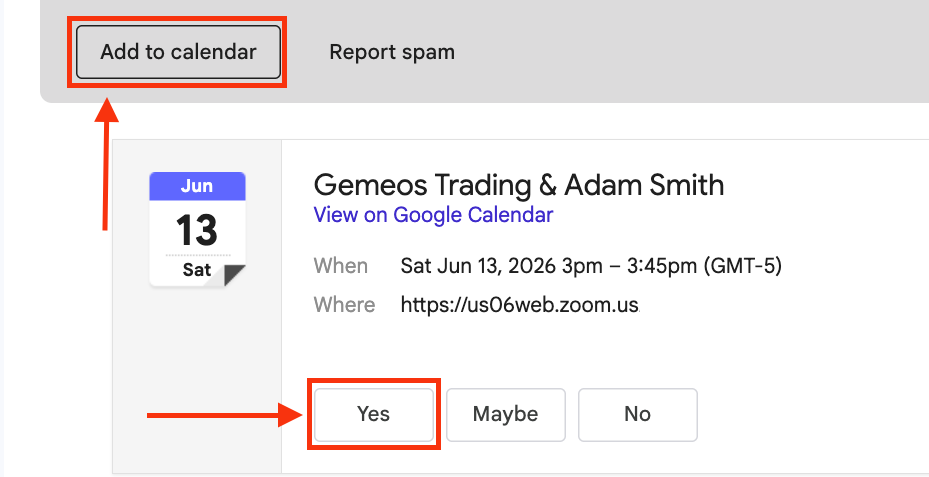 Example calendar invite showing the Add to calendar button and Yes/Maybe/No response options in Gmail